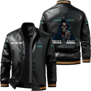 Vintage Deutz Fahr Exclusive Logo Leather Jacket, Classic Ribbed Collar Striped Cuffs, Custom Name TN160325Y12LJ93CT1DEF