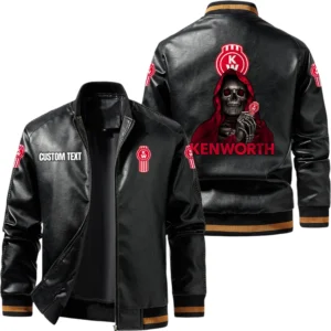 Vintage Kenworth Exclusive Logo Leather Jacket, Classic Ribbed Collar Striped Cuffs, Custom Name TN160325Y12LJ93CT1KEN
