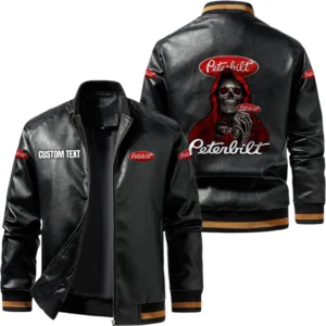 Vintage Peterbilt Exclusive Logo Leather Jacket, Classic Ribbed Collar Striped Cuffs, Custom Name TN160325Y12LJ93CT1PET
