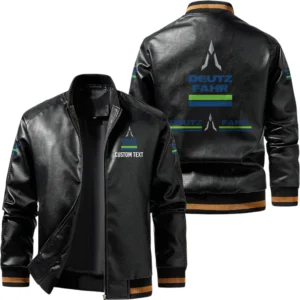 Vintage Deutz Fahr Exclusive Logo Leather Jacket, Classic Ribbed Collar Striped Cuffs, Custom Name TN160325Y12LJ93CT2DEF
