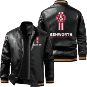 Vintage Kenworth Exclusive Logo Leather Jacket, Classic Ribbed Collar Striped Cuffs, Custom Name TN160325Y12LJ93CT2KEN