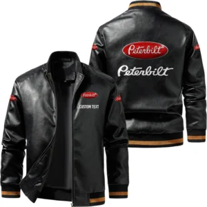 Vintage Peterbilt Exclusive Logo Leather Jacket, Classic Ribbed Collar Striped Cuffs, Custom Name TN160325Y12LJ93CT2PET