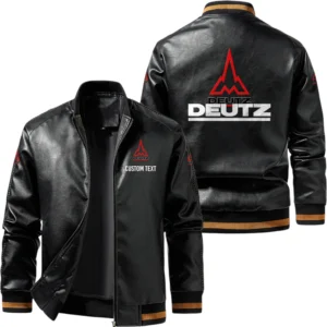 Vintage Deutz Fahr Exclusive Logo Leather Jacket, Classic Ribbed Collar Striped Cuffs, Custom Name TN160325Y12LJ93CT3DEF