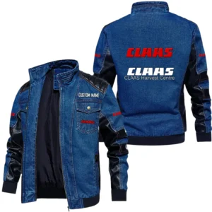 Vintage CLAAS Denim Jacket Sleeve PU Leather, Stand Collar Multi Pockets Custom Name TN140325Y34J91BLCLA