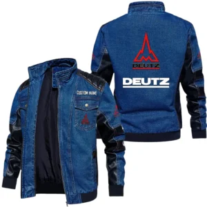Vintage Deutz Denim Jacket Sleeve PU Leather, Stand Collar Multi Pockets Custom Name TN140325Y34J91BLCT2DEF