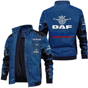 Vintage DAF Denim Jacket Sleeve PU Leather, Stand Collar Multi Pockets Custom Name TN140325Y34J91BLDAF