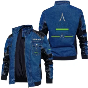 Vintage Deutz Fahr Denim Jacket Sleeve PU Leather, Stand Collar Multi Pockets Custom Name TN140325Y34J91BLDEF