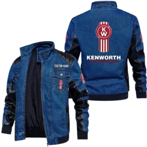 Vintage Kenworth Truck Denim Jacket Sleeve PU Leather, Stand Collar Multi Pockets Custom Name TN140325Y34J91BLKEN