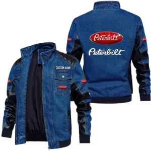 Vintage Peterbilt Denim Jacket Sleeve PU Leather, Stand Collar Multi Pockets Custom Name TN140325Y34J91BLPET