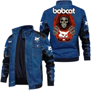 Vintage Bobcat Denim Jacket Sleeve PU Leather, Stand Collar Multi Pockets Custom TN150325Y34J91BLCT1BOC