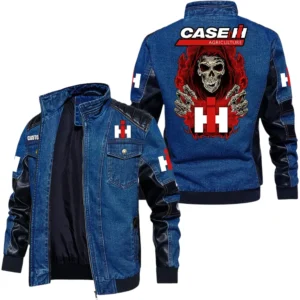 Vintage Case IH Denim Jacket Sleeve PU Leather, Stand Collar Multi Pockets Custom TN150325Y34J91BLCT1CIH