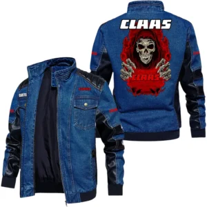 Vintage CLAAS Denim Jacket Sleeve PU Leather, Stand Collar Multi Pockets Custom TN150325Y34J91BLCT1CLA