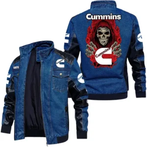 Vintage Cummins Denim Jacket Sleeve PU Leather, Stand Collar Multi Pockets Custom TN150325Y34J91BLCT1CUM