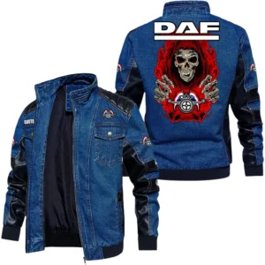 Vintage DAF Denim Jacket Sleeve PU Leather, Stand Collar Multi Pockets Custom Name TN150325Y34J91BLCT1DAF