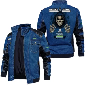Vintage Deutz Fahr Denim Jacket Sleeve PU Leather, Stand Collar Multi Pockets Custom Name TN150325Y34J91BLCT1DEF