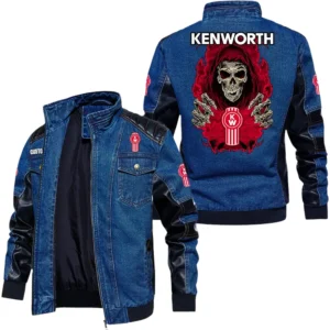 Vintage Kenworth Truck Denim Jacket Sleeve PU Leather, Stand Collar Multi Pockets Custom Name TN150325Y34J91BLCT1KEN
