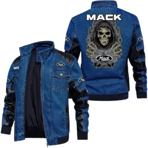 Vintage Mack Trucks Denim Jacket Sleeve PU Leather, Stand Collar Multi Pockets Custom Name TN150325Y34J91BLCT1MAT