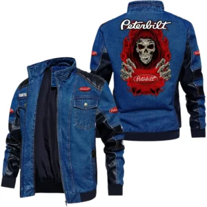 Vintage Peterbilt Denim Jacket Sleeve PU Leather, Stand Collar Multi Pockets Custom Name TN150325Y34J91BLCT1PET